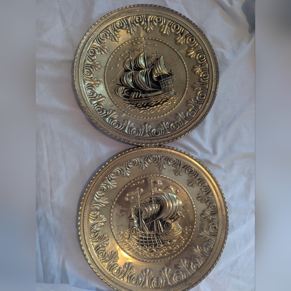 2 English Brass Decorative Wall Plates Ship Different Matching Design
